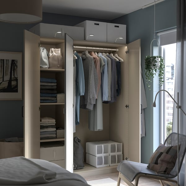 PAX / FORSAND/ÅHEIM wardrobe combination, grey-beige/mirror glass, 150x60x201 cm