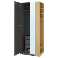 PAX / FORSAND/ÅHEIM wardrobe combination, dark grey dark grey/mirror glass oak effect, 95x60x236 cm