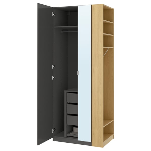 PAX / FORSAND/ÅHEIM wardrobe combination, dark grey dark grey/mirror glass oak effect, 95x60x236 cm