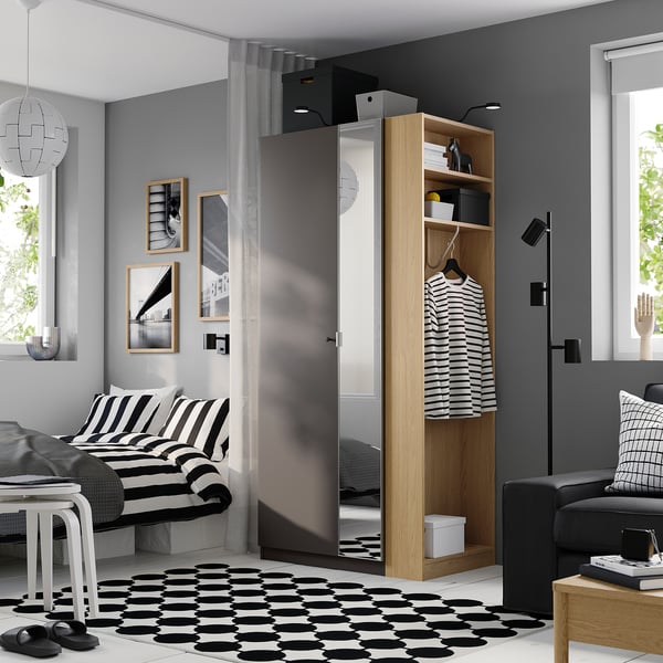PAX / FORSAND/ÅHEIM wardrobe combination, dark gray dark gray/ oak effect mirror glass, 95x60x201 cm Wardrobe combination, dark gray dark gray/ oak effect mirror glass,95x60x201 cm