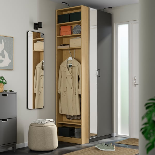 PAX / FORSAND/ÅHEIM wardrobe combination, dark grey dark grey/mirror glass oak effect, 95x60x236 cm
