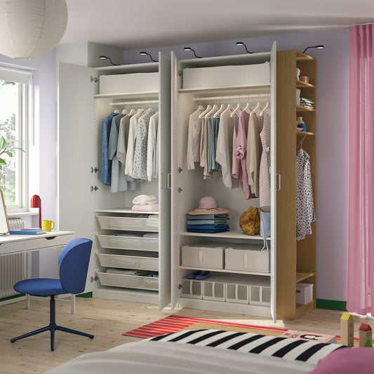 PAX / FORSAND wardrobe combination, white white/oak effect, 220x60x236 cm
