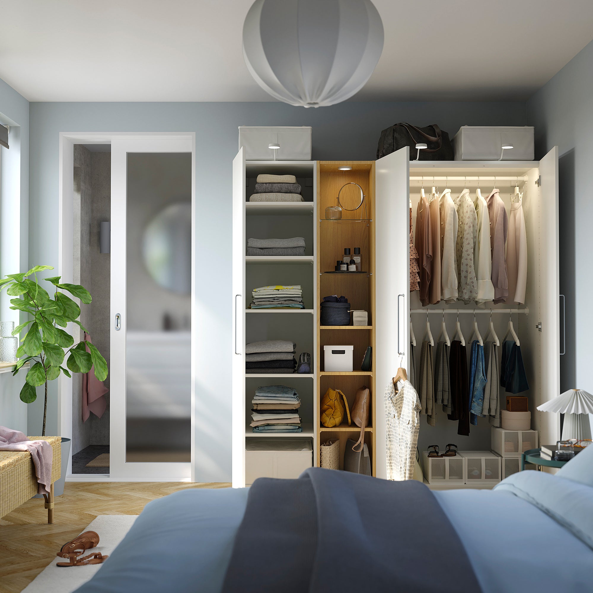 PAX / FORSAND wardrobe combination, white white/oak effect, 185x60x201 cm
