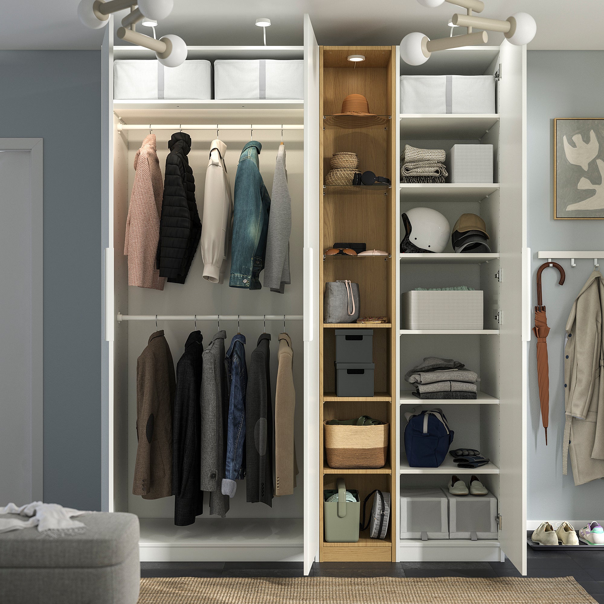 PAX / FORSAND wardrobe combination, white white/oak effect, 185x60x236 cm
