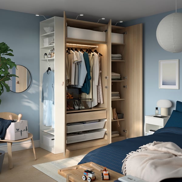 PAX / FORSAND wardrobe combination, oak effect with white stain oak effect with white/white stain, 150x60x236 cm Wardrobe combination, oak effect with white stain oak effect with white/white stain,150x60x236 cm