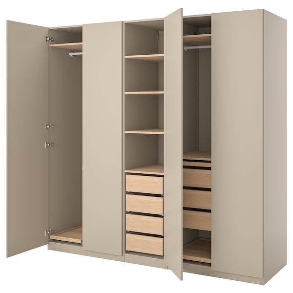 PAX / FORSAND - Wardrobe combination, grey-beige/white stained oak effect grey-beige, 250x60x236 cm