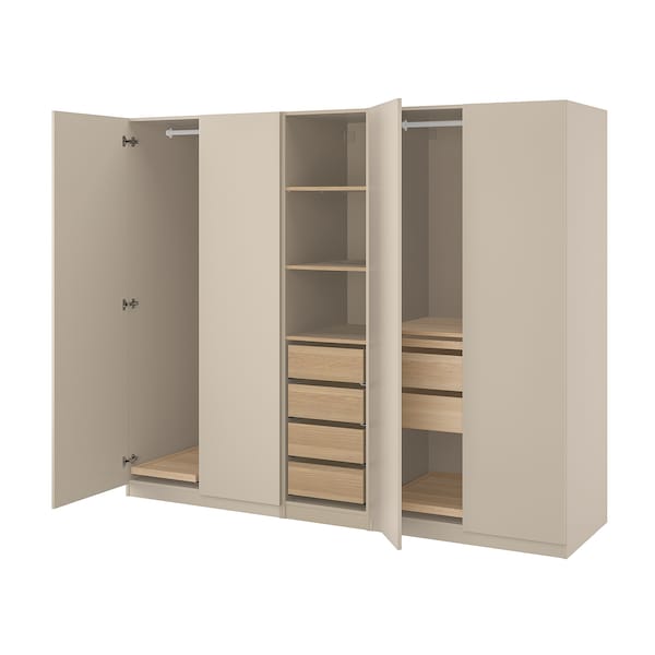 PAX / FORSAND - Wardrobe combination, grey-beige/white stained oak effect grey-beige, 250x60x201 cm