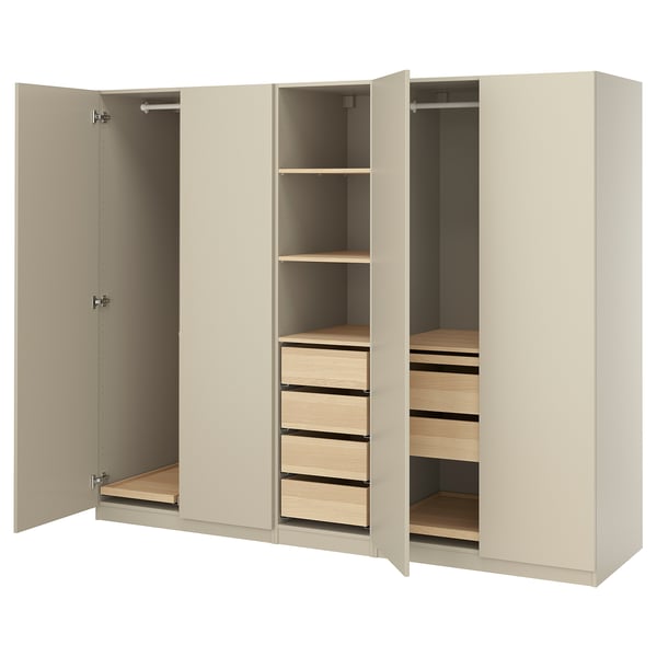 PAX / FORSAND wardrobe combination, grey-beige/white stained oak effect grey-beige, 250x60x201 cm