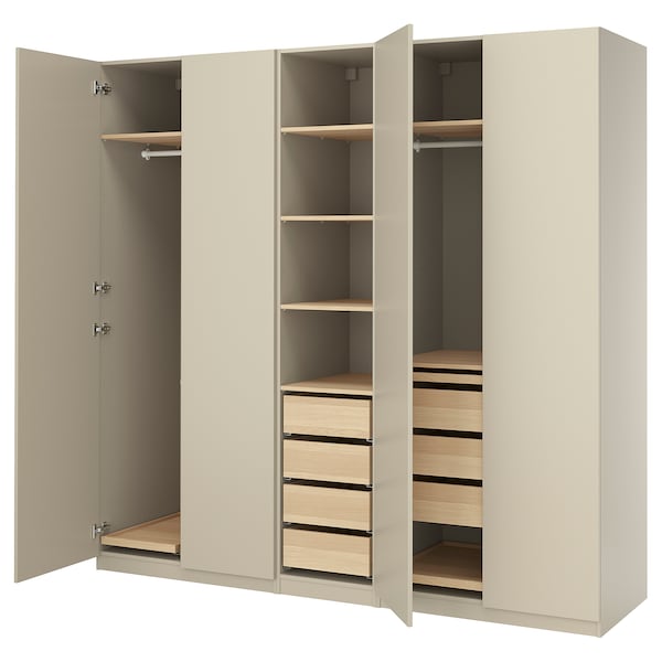 PAX / FORSAND - Wardrobe combination, grey-beige/white stained oak effect grey-beige, 250x60x236 cm