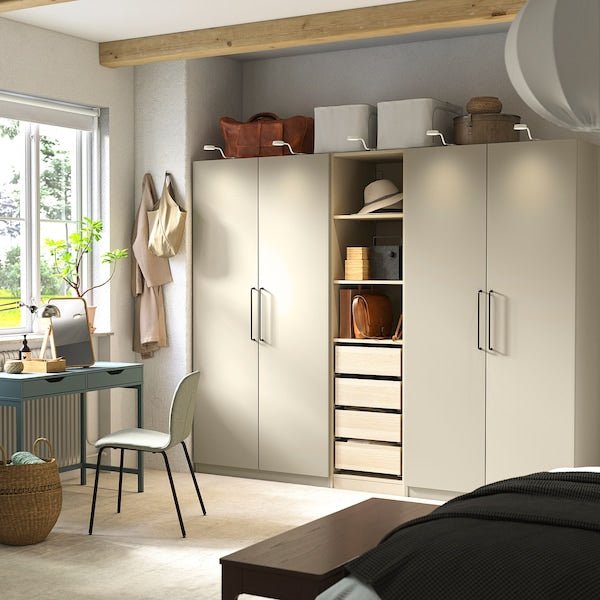 PAX / FORSAND - Wardrobe combination, grey-beige/white stained oak effect grey-beige, 250x60x201 cm