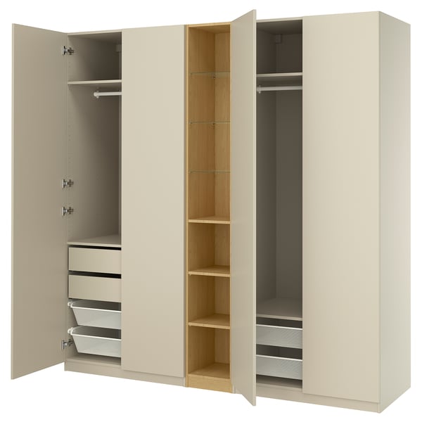 PAX / FORSAND wardrobe combination, gray-beige gray-beige/oak effect, 235x60x236 cm Wardrobe combination, gray-beige gray-beige/oak effect,235x60x236 cm