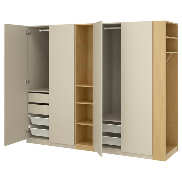 PAX / FORSAND wardrobe combination, grey-beige grey-beige/oak effect, 255x60x201 cm