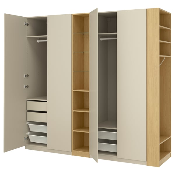 PAX / FORSAND wardrobe combination, gray-beige gray-beige/ oak effect, 255x60x236 cm Wardrobe combination, gray-beige gray-beige/ oak effect,255x60x236 cm