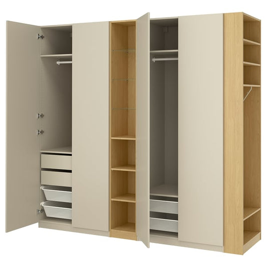 PAX / FORSAND wardrobe combination, gray-beige gray-beige/ oak effect, 255x60x236 cm Wardrobe combination, gray-beige gray-beige/ oak effect,255x60x236 cm