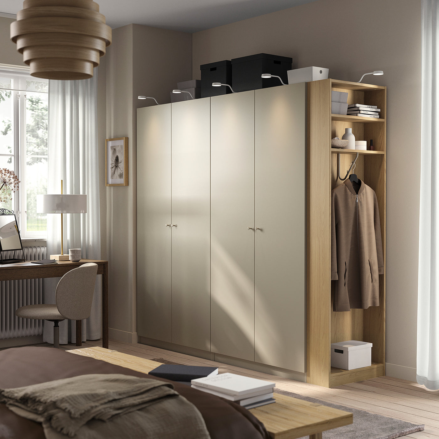 PAX / FORSAND wardrobe combination, grey-beige grey-beige/oak effect, 220x60x201 cm