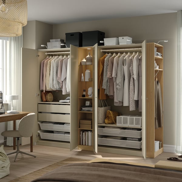 PAX / FORSAND wardrobe combination, grey-beige grey-beige/oak effect, 255x60x201 cm