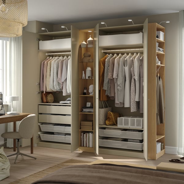 PAX / FORSAND wardrobe combination, gray-beige gray-beige/ oak effect, 255x60x236 cm Wardrobe combination, gray-beige gray-beige/ oak effect,255x60x236 cm