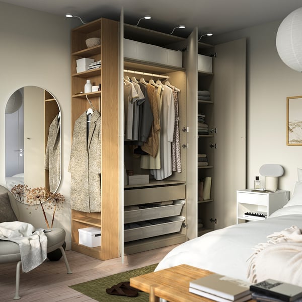 PAX / FORSAND wardrobe combination, grey-beige grey-beige/oak effect, 170x60x236 cm