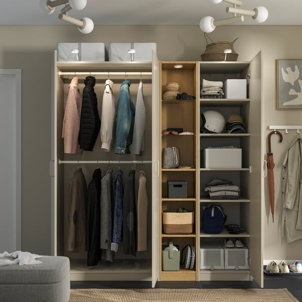 PAX / FORSAND wardrobe combination, gray-beige gray-beige/ oak effect, 185x60x201 cm Wardrobe combination, gray-beige gray-beige/ oak effect,185x60x201 cm