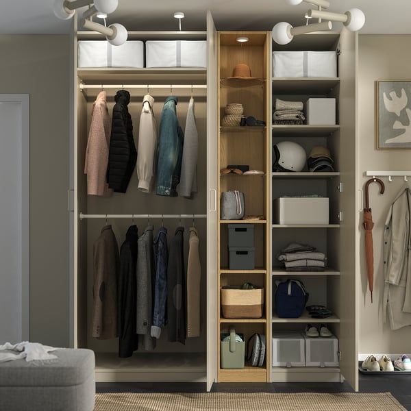 PAX / FORSAND wardrobe combination, gray-beige gray-beige/ oak effect, 185x60x236 cm Wardrobe combination, gray-beige gray-beige/ oak effect,185x60x236 cm