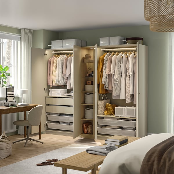PAX / FORSAND wardrobe combination, gray-beige gray-beige/ oak effect, 235x60x201 cm Wardrobe combination, gray-beige gray-beige/ oak effect,235x60x201 cm