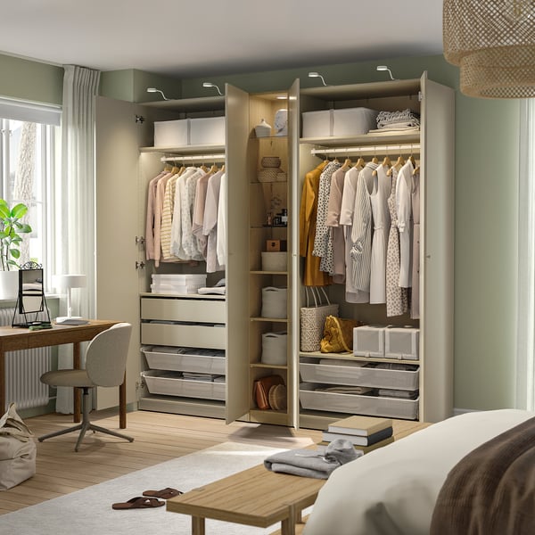 PAX / FORSAND wardrobe combination, grey-beige grey-beige/oak effect, 235x60x236 cm