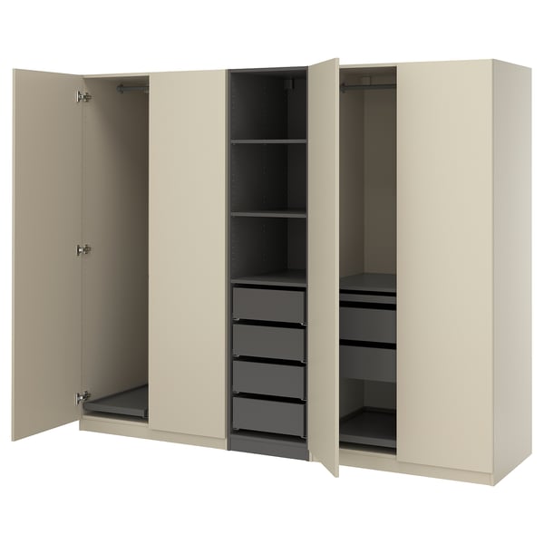 PAX / FORSAND wardrobe combination, grey-beige/dark grey grey-beige, 250x60x201 cm