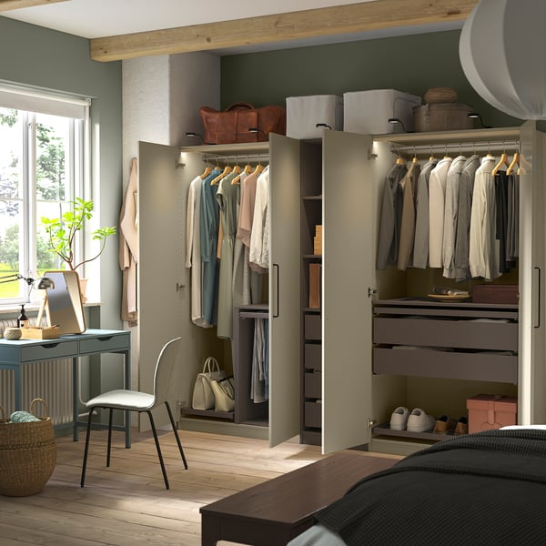 PAX / FORSAND wardrobe combination, grey-beige/dark grey grey-beige, 250x60x201 cm