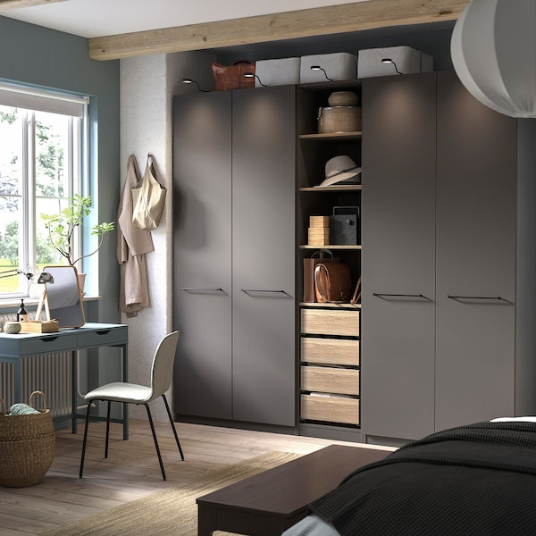 PAX / FORSAND - Wardrobe combination, dark grey/white stained oak effect,250x60x236 cm