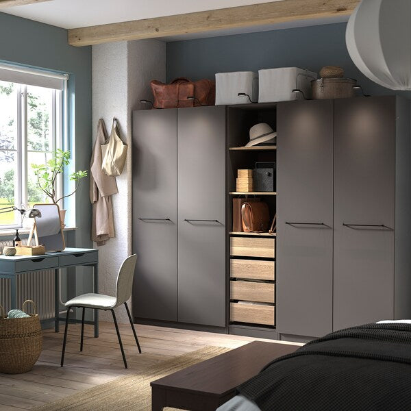 PAX / FORSAND - Wardrobe combination, dark grey/white stained oak effect,250x60x201 cm