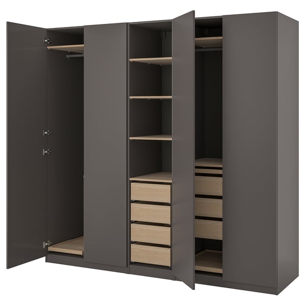 PAX / FORSAND - Wardrobe combination, dark grey/white stained oak effect,250x60x236 cm