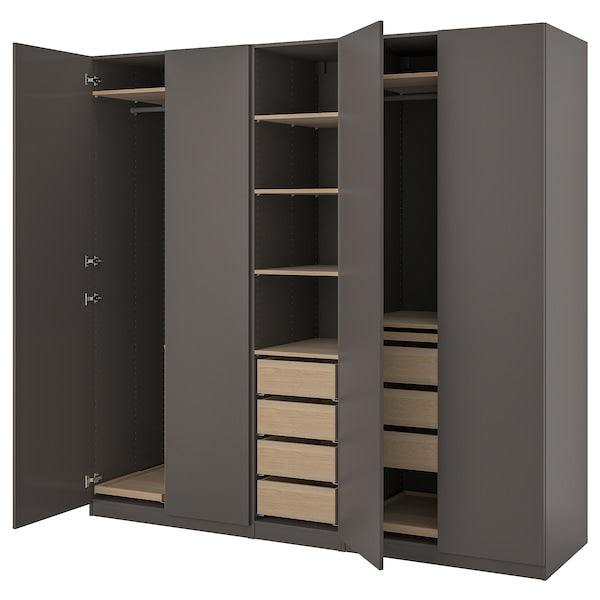 PAX / FORSAND - Wardrobe combination, dark grey/white stained oak effect,250x60x236 cm