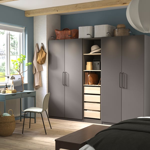 PAX / FORSAND - Wardrobe combination, dark grey/white stained oak effect,250x60x201 cm