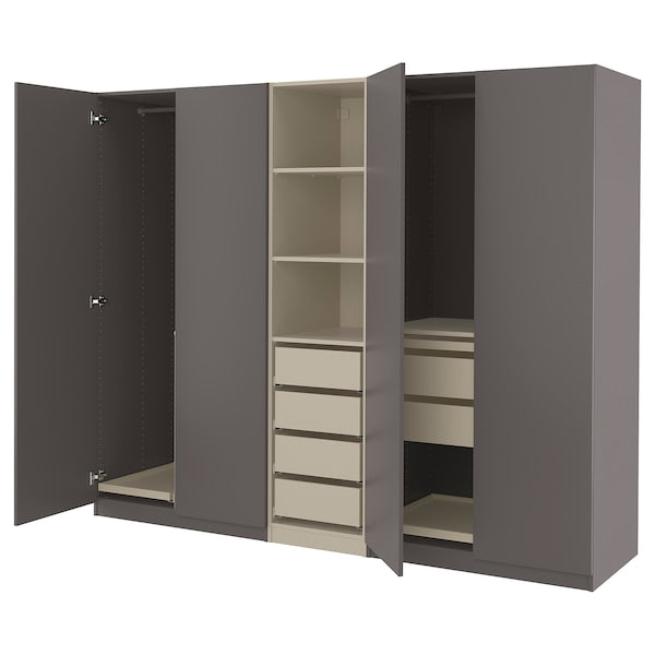 PAX / FORSAND - Wardrobe combination, dark grey-beige/dark grey,250x60x201 cm