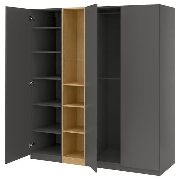 PAX / FORSAND wardrobe combination, dark grey dark grey/oak effect, 185x60x201 cm