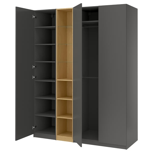 PAX / FORSAND wardrobe combination, dark grey dark grey/oak effect, 185x60x236 cm