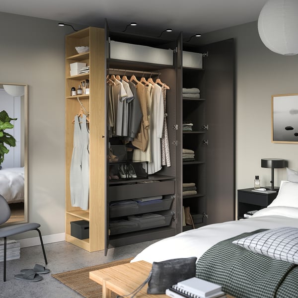 PAX / FORSAND wardrobe combination, dark grey dark grey/oak effect, 170x60x236 cm