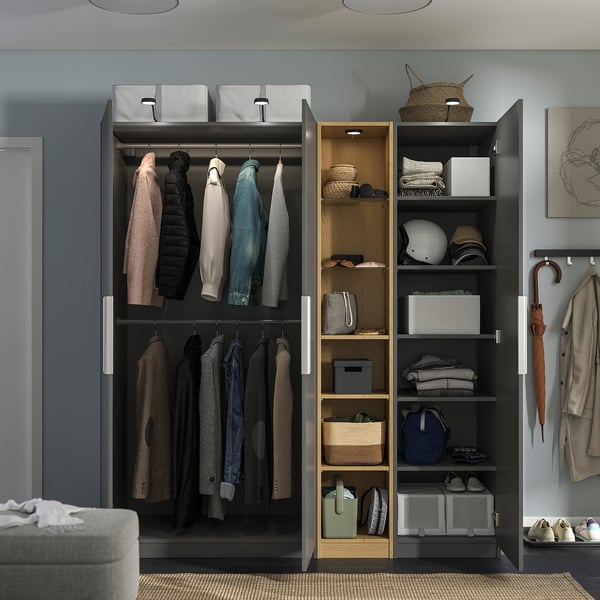 PAX / FORSAND wardrobe combination, dark grey dark grey/oak effect, 185x60x201 cm