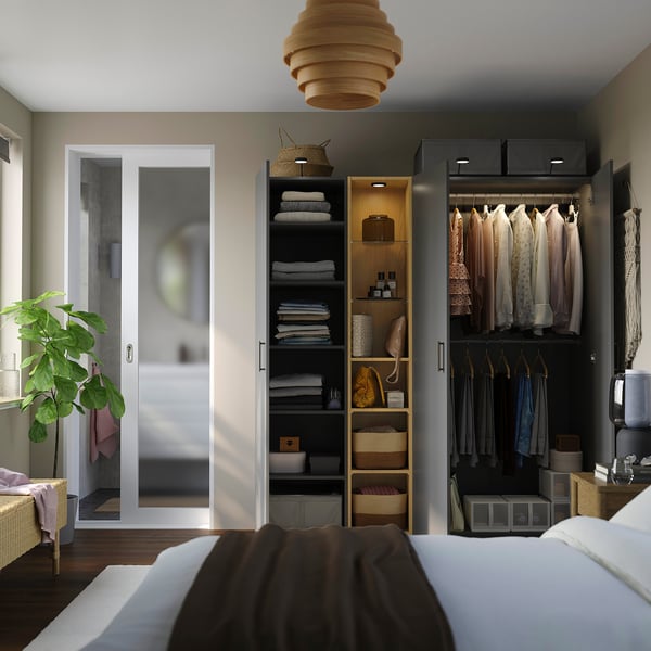 PAX / FORSAND wardrobe combination, dark grey dark grey/oak effect, 185x60x201 cm