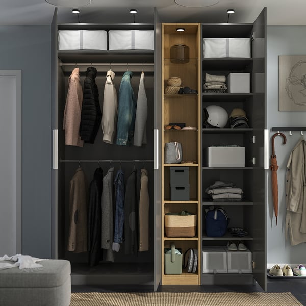 PAX / FORSAND wardrobe combination, dark grey dark grey/oak effect, 185x60x236 cm