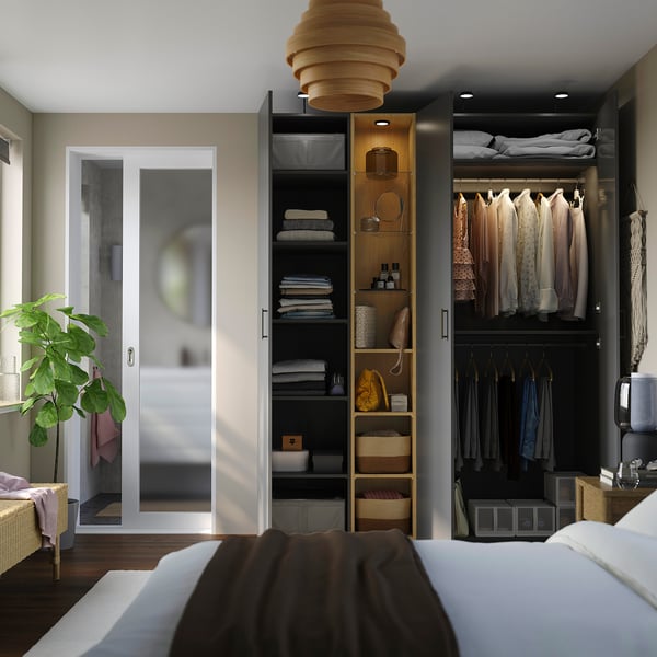 PAX / FORSAND wardrobe combination, dark grey dark grey/oak effect, 185x60x236 cm