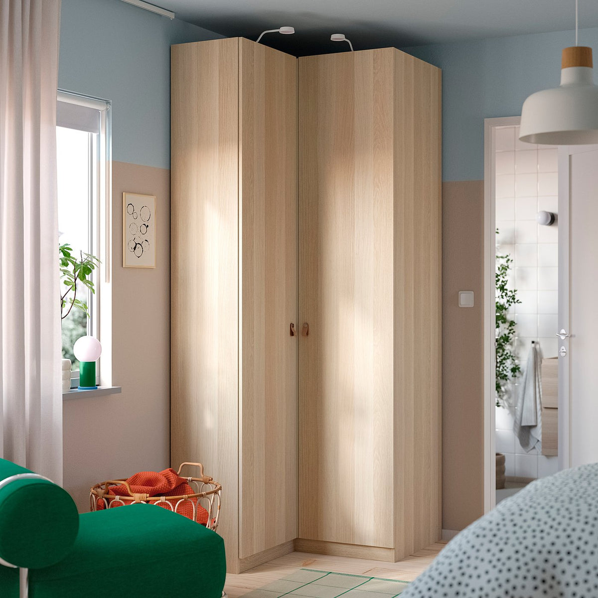 PAX / FORSAND corner wardrobe, white stained oak effect/white stained oak effect, 111/88x236 cm