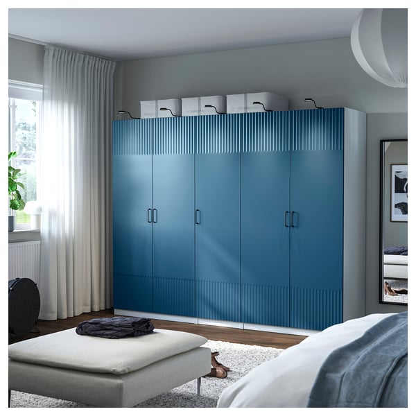 PAX / FYRUDDEN wardrobe combination, white/blue, 250x60x201 cm