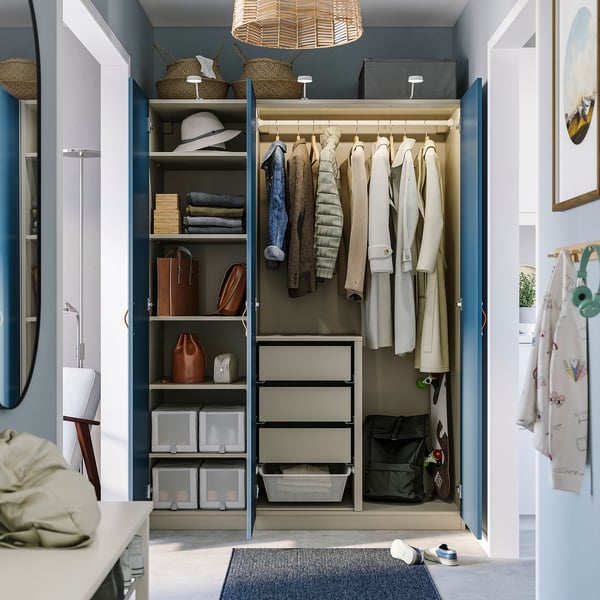 PAX / FYRUDDEN wardrobe combination, grey-beige/blue, 150x60x201 cm