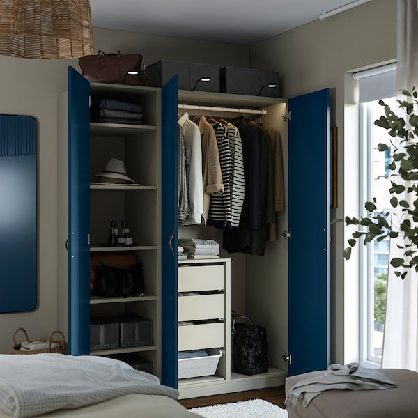 PAX / FYRUDDEN wardrobe combination, grey-beige/blue, 150x60x201 cm