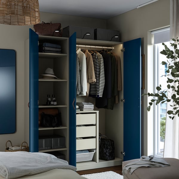 PAX / FYRUDDEN wardrobe combination, grey-beige/blue, 150x60x201 cm