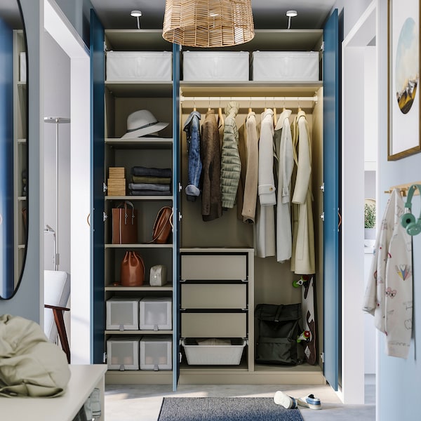 PAX / FYRUDDEN wardrobe combination, grey-beige/blue, 150x60x236 cm