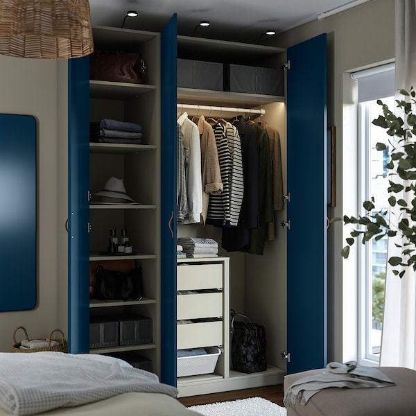 PAX / FYRUDDEN wardrobe combination, grey-beige/blue, 150x60x236 cm