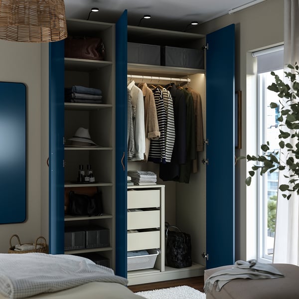 PAX / FYRUDDEN wardrobe combination, grey-beige/blue, 150x60x236 cm