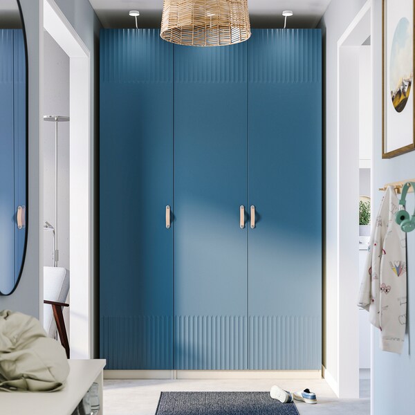 PAX / FYRUDDEN wardrobe combination, grey-beige/blue, 150x60x236 cm